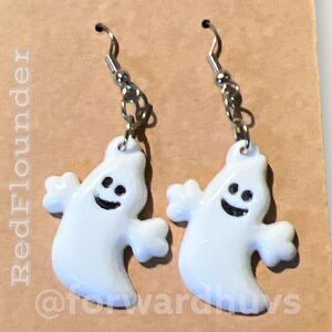 Adorable Smiling Ghost Earrings - White with Silver Tone Hooks
